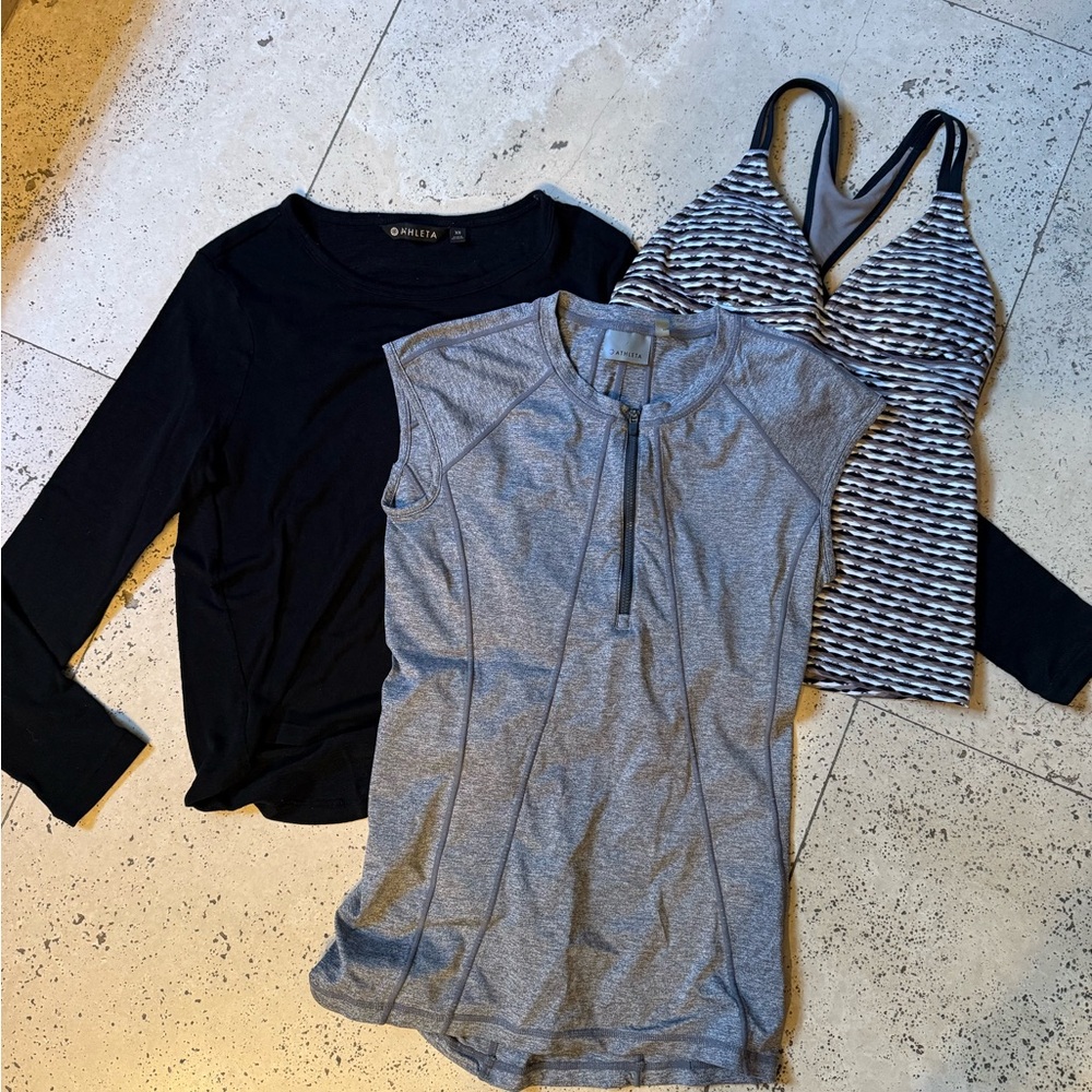 3-piece lot, Athleta.  Sleeveless shirt, long sleeve and tank or tank.